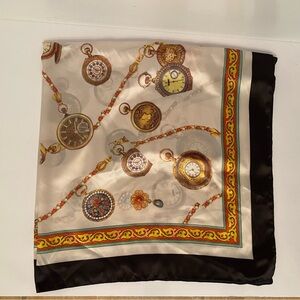 ITALY SCARF BLACK WHITE POCKET WATCH THEME LARGE SQUARE VINTAGE